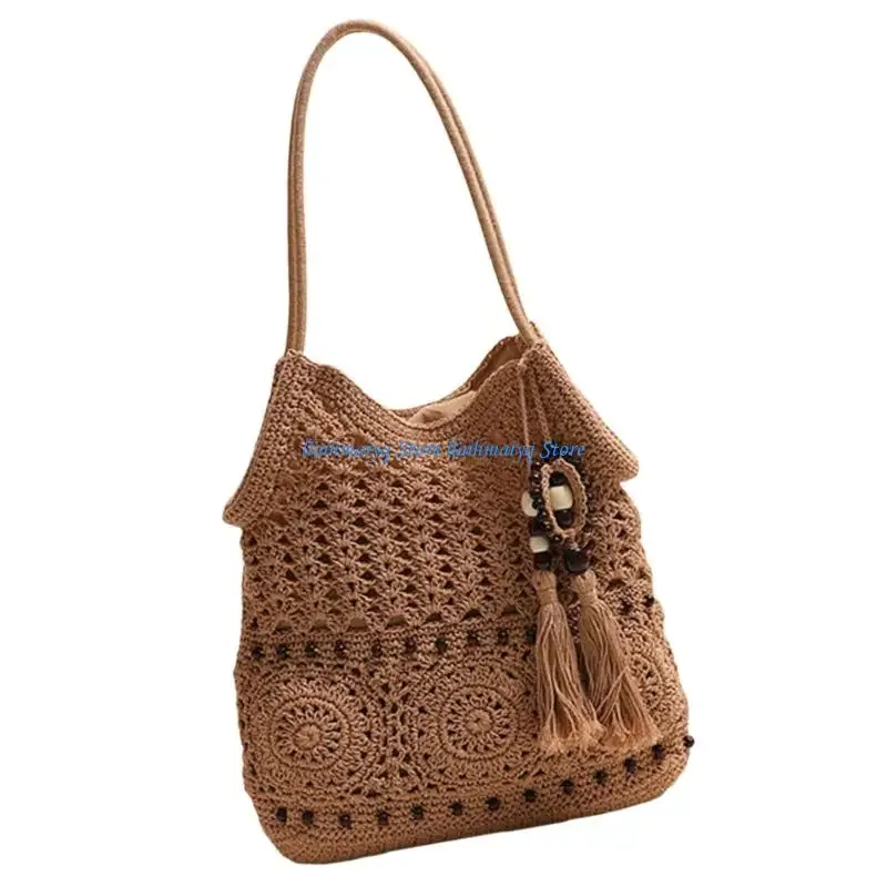 sac voyage polyester coton tricoté beige motifs floraux perles noires bandoulière femme plage activités plein air polyvalent