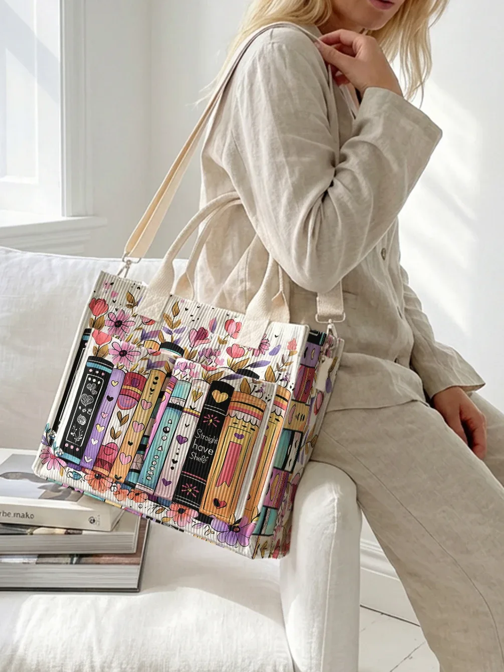 sac fourre-tout en velours côtelé imprimé livres et fleurs colorés, grande capacité, multi-poches, sac à bandoulière pour les trajets quotidiens