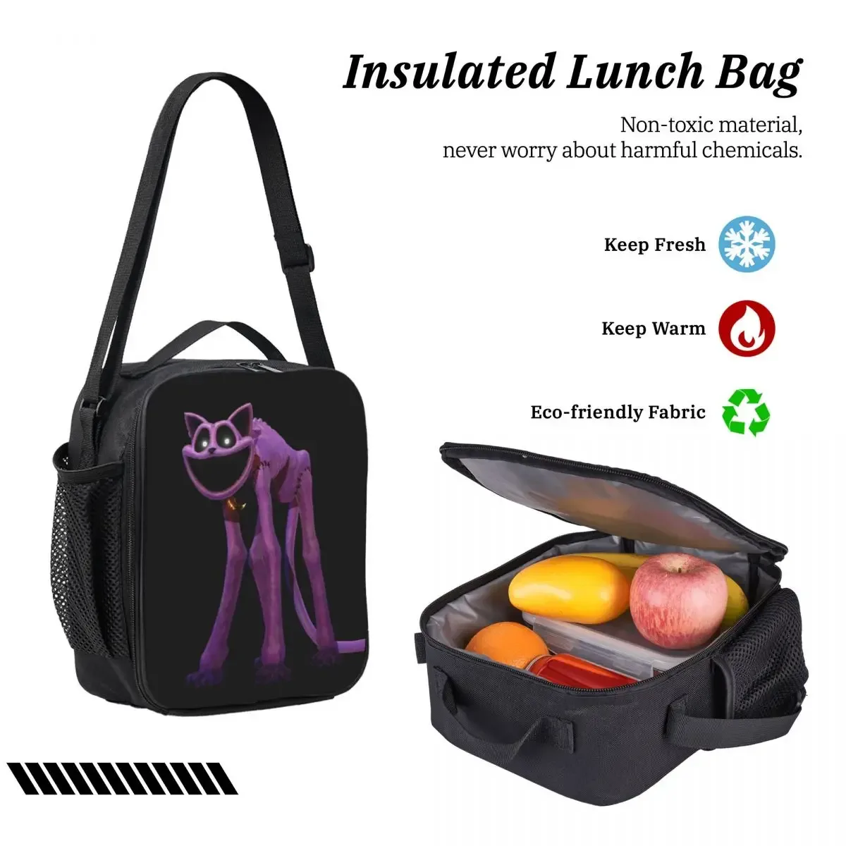 sac dos polyester noir chat violet sourire forme rectangulaire poignées latérales usage étudiant voyage