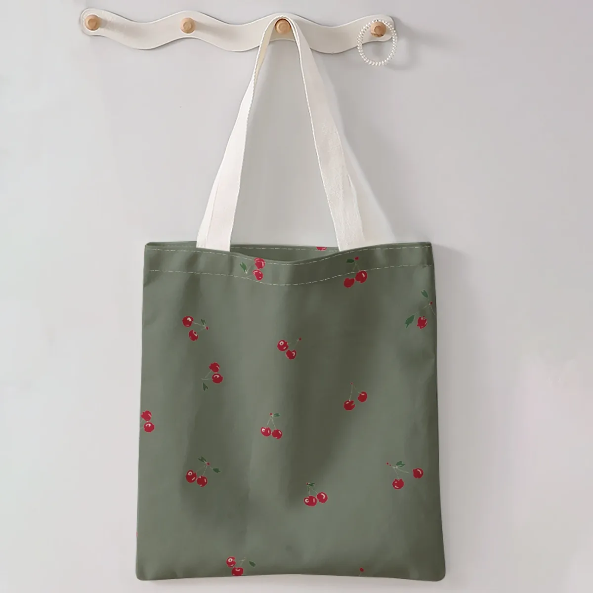 sac à main décontracté imprimé motif cerises, sac à dos réutilisable et tendance, sac à main multifonctionnel, sac de shopping en toile