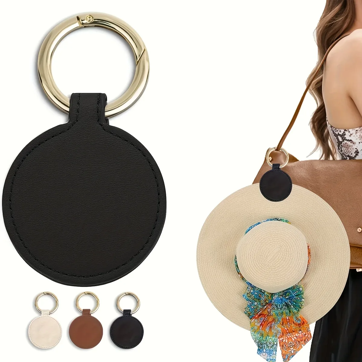 clip magnétique chapeau cuir synthétique marron blanc noir accessoire voyage sac main dos bagages pratique durabilité polyvalence fixation