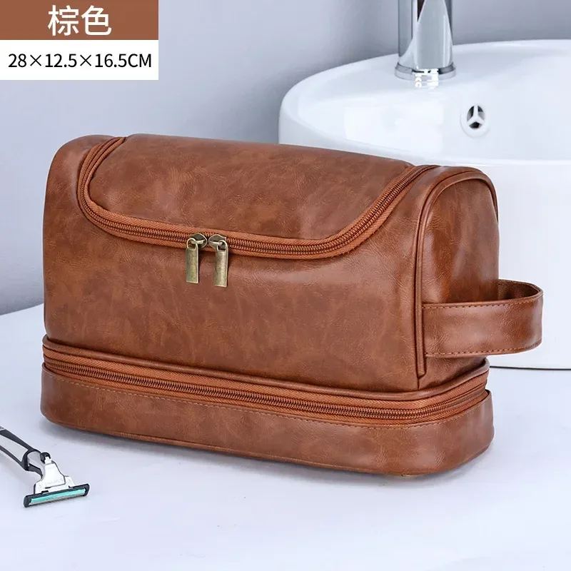 nouvelle trousse de maquillage suspendue 2026, grande capacité, en cuir pu, trousse de toilette double couche, trousse de cosmétiques pour hommes, organisateur d'essentiels de voyage