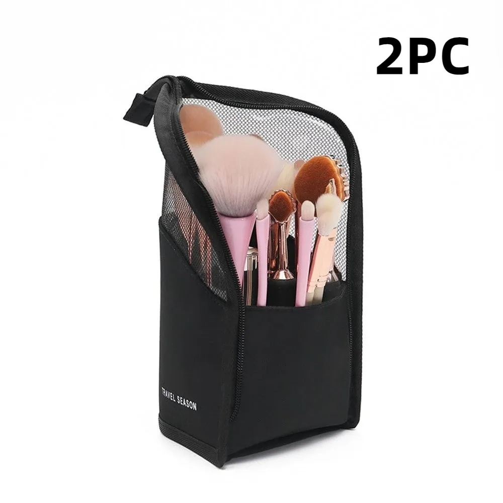sac de rangement pour pinceaux de maquillage, pliable, en maille transparente, support vertical, étui cosmétique portable à séchage rapide pour femmes, rangement de voyage et de bureau