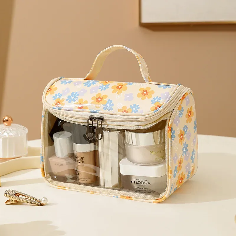 4 pièces sac de maquillage en pvc fleur imprimé sac à main de lavage transparent pochette cosmétique de voyage étanche trousse de toilette pratique porte-monnaie
