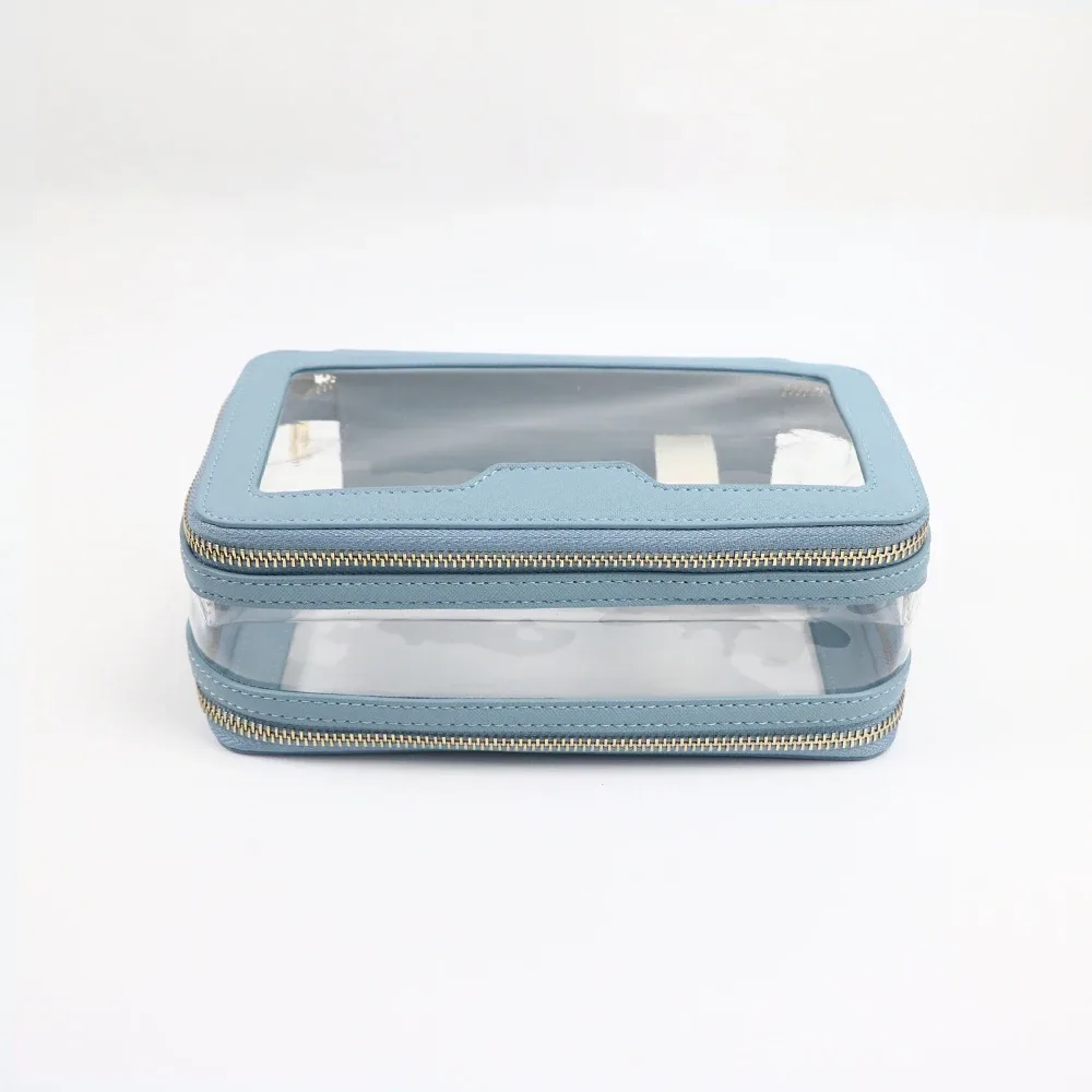 sac de toilette en cuir pu + tpu transparent avec nom personnalisé, trousse de maquillage portable de voyage, sac de rangement étanche de grande capacité