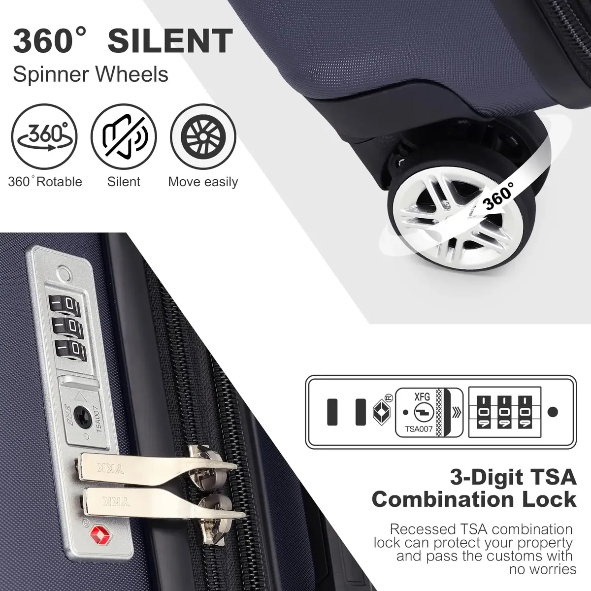 valise à main kono-étui rigide léger avec serrure tsa et 4 roues spinner, cabine (55/65/75 cm)