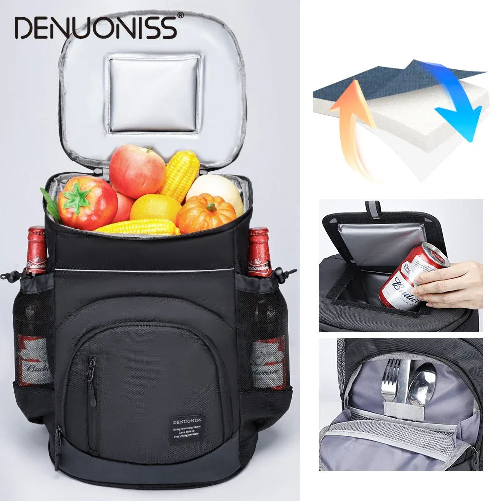 sac dos isolant thermique polyamide 600d bleu noir contenance 33l poignées latérales bouteilles bière fruits frais voyage camping