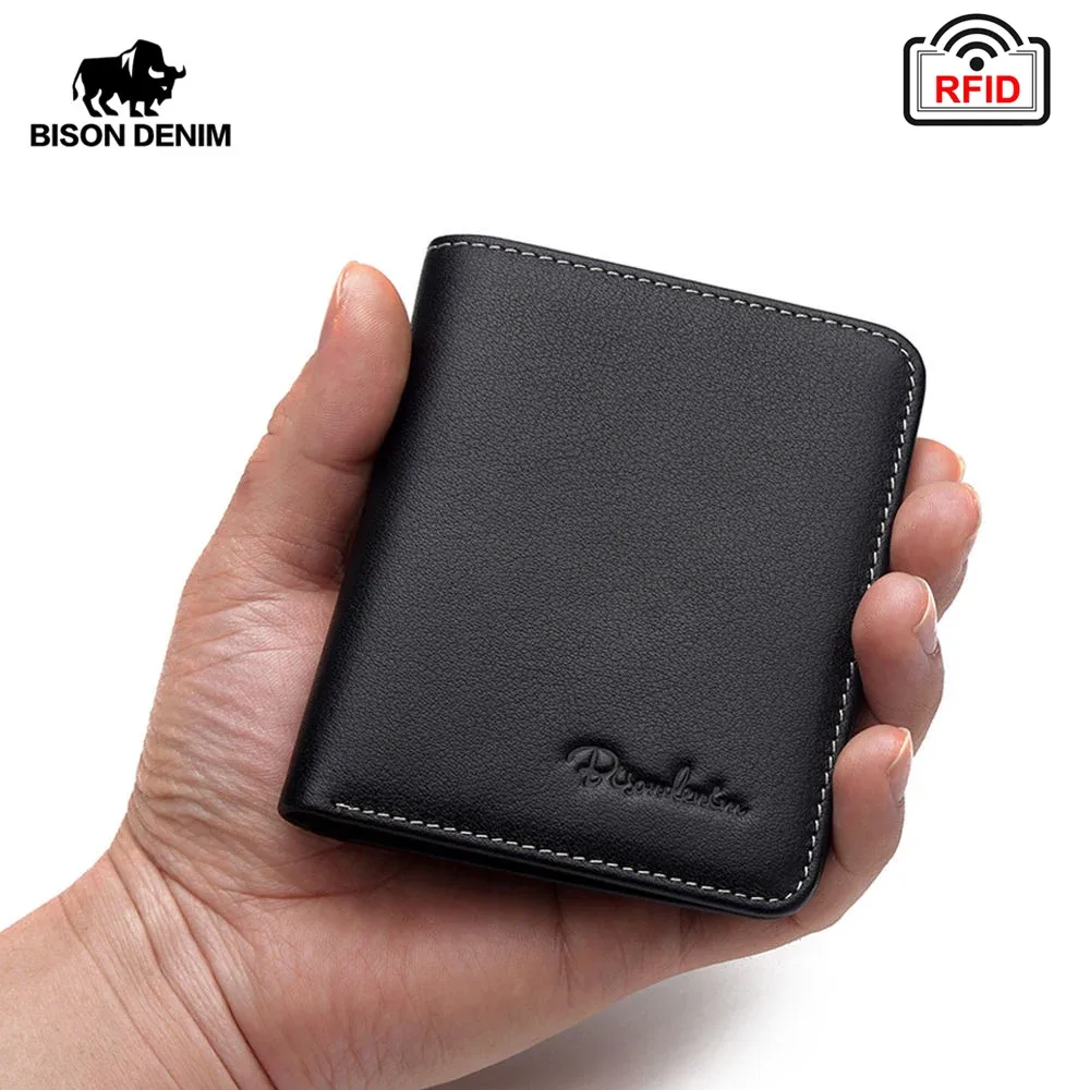 BISON DENIM noir sac à main pour hommes en cuir véritable hommes portefeuilles mince mâle portefeuille porte-carte peau de vache doux Mini sacs à main N4429