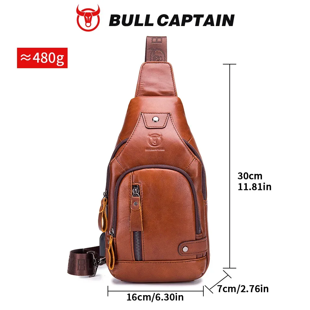 bullcaptain – sac de poitrine usb pour hommes, sacs à bandoulière 100% cuir véritable, sacoche multifonction de voyage et d'extérieur, sac messager à la mode