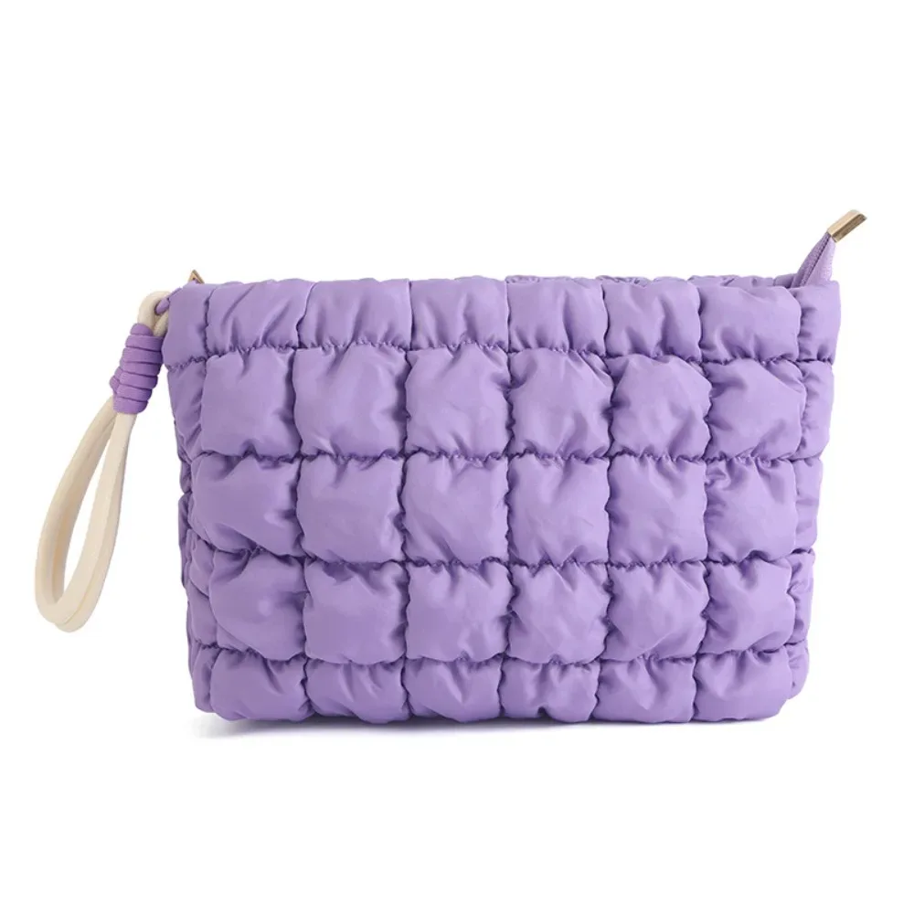 sac de maquillage matelassé bouffant mignon, sac à cosmétiques pour femmes et filles, pochette de toilette de voyage bouffante, sac à fermeture éclair à carreaux, sac de rangement de maquillage
