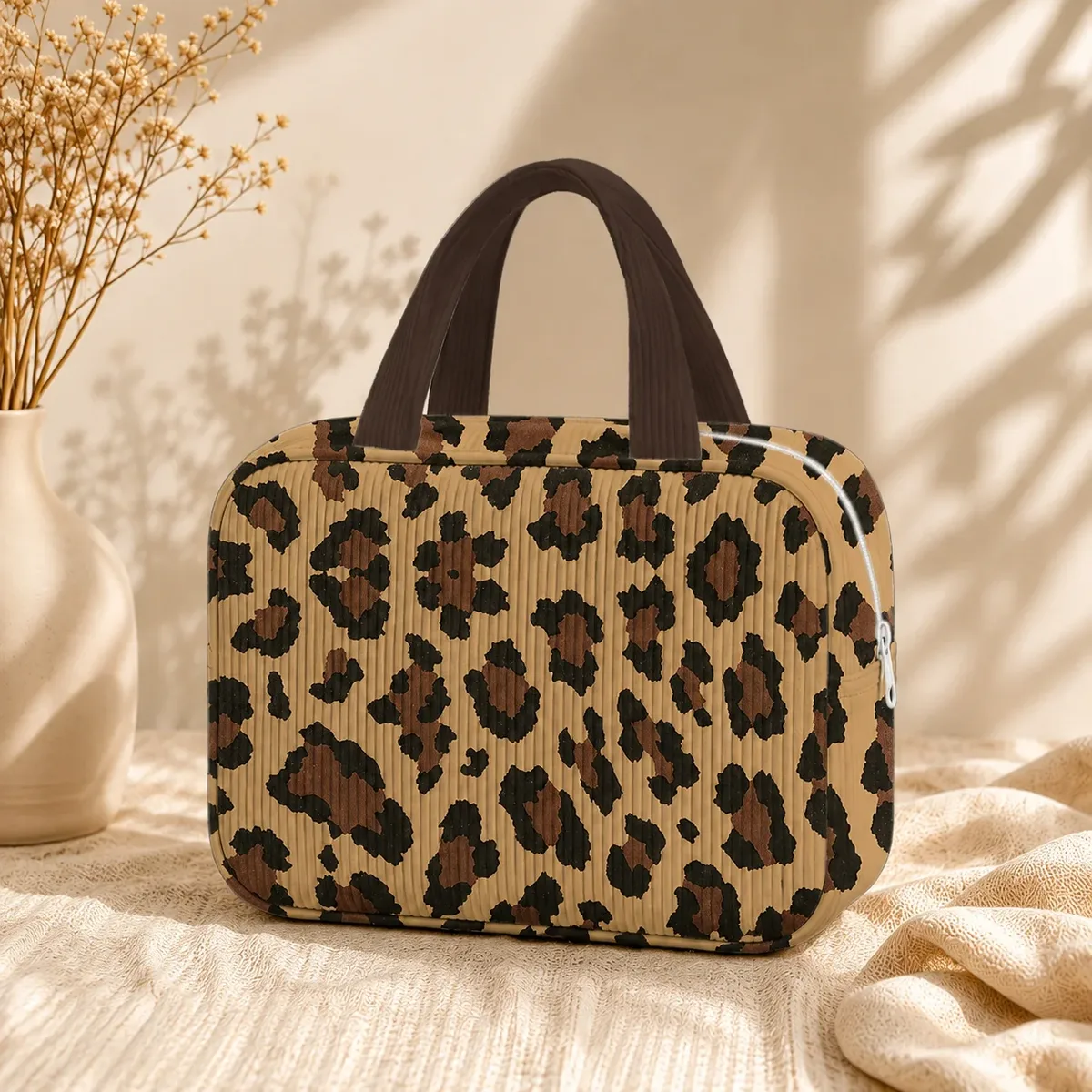 trousse de maquillage léopard côtelée à imprimé animal, organisateur de maquillage, trousse de toilette de voyage, sac de rangement beauté, pochette cosmétique portable