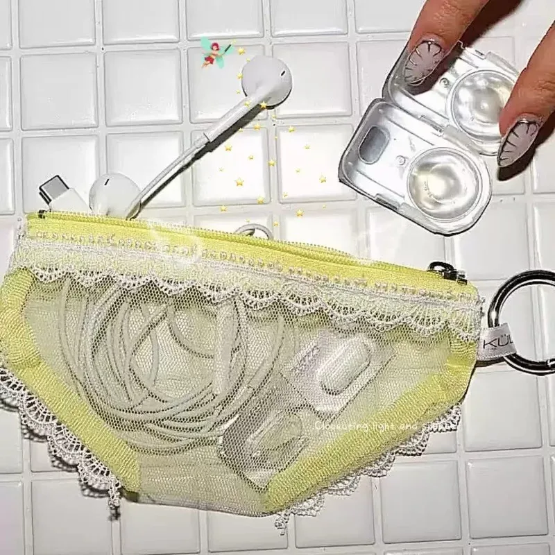 pochette de rangement transparente en maille tendance avec bordure en dentelle, pour cosmétiques, maquillage, bijoux et écouteurs, décorative avec fermeture éclair