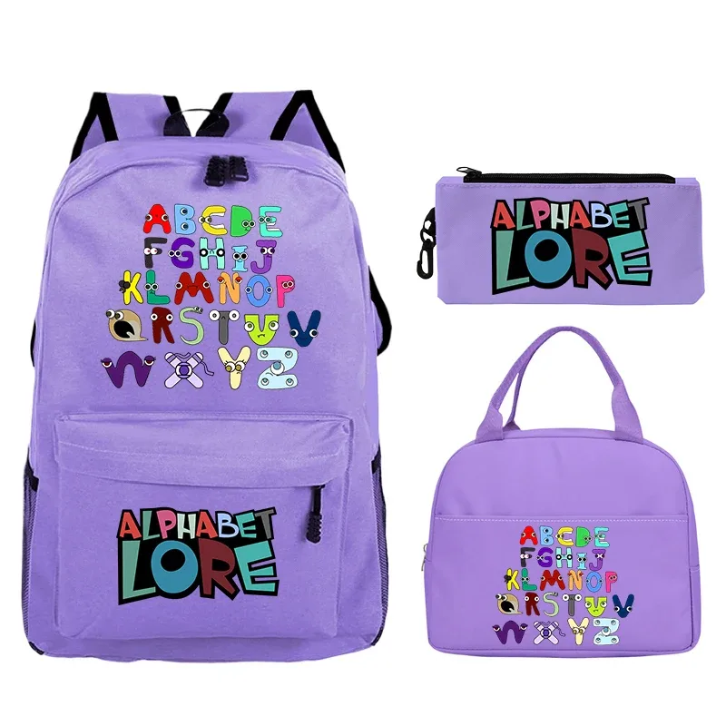 3 pièces/ensemble alphabet lore sac à dos garçons filles cartable sac à dos avec sac à déjeuner sac à crayons étudiants sac à dos sac de voyage confortable