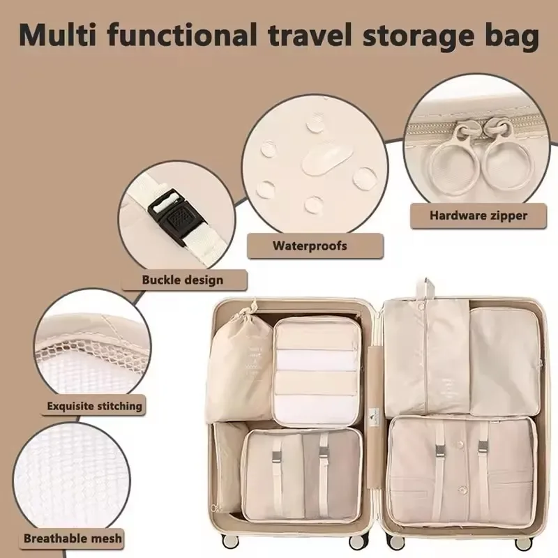organisateur voyage polyester beige compartiments zippés poches intérieures cube sac compression chaussures pochettes housse vêtements