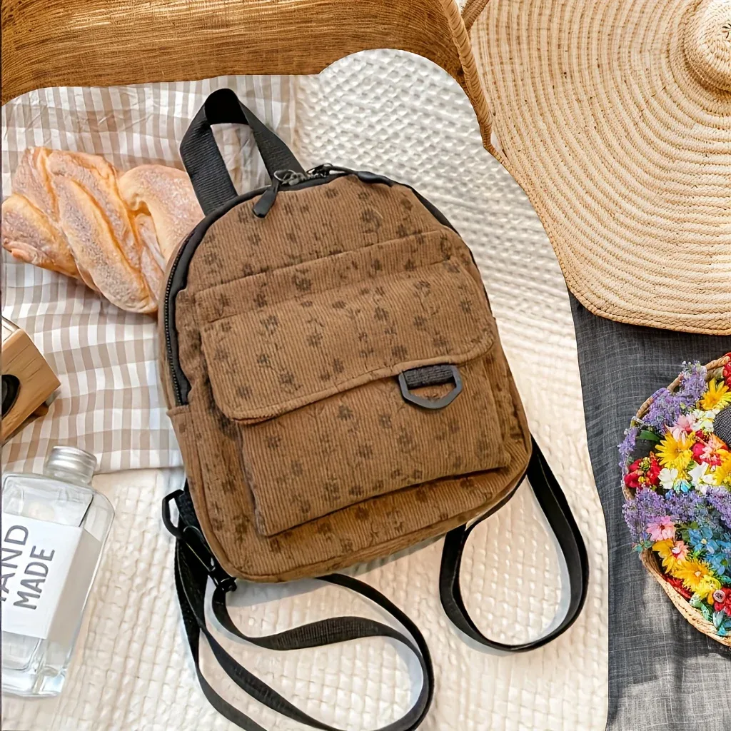 mini sac à dos pour femme avec motif floral marron et ruban en satin couleur café, bretelles réglables et fermeture à glissière – sac à main léger en polyester, adapté aux voyages
