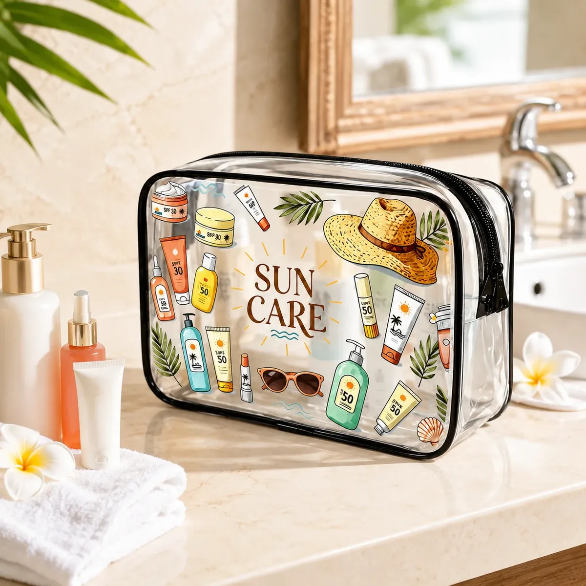 trousse de toilette transparente en pvc pour soins solaires, pochette de rangement étanche pour maquillage de voyage, idéale pour la plage, la crème solaire et les soins de la peau