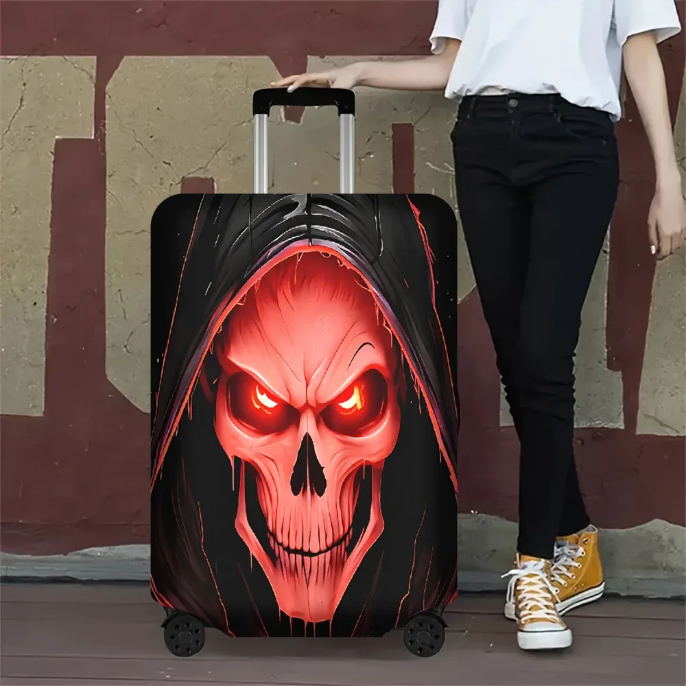 housse valise polyester motif crâne rouge yeux lumineux poignées noires rouges protection voyage format large taille grande