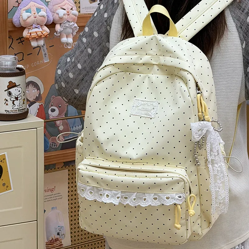 sac à dos à pois de style coréen, sac de voyage scolaire en nylon léger et mignon avec garniture en dentelle pour femmes