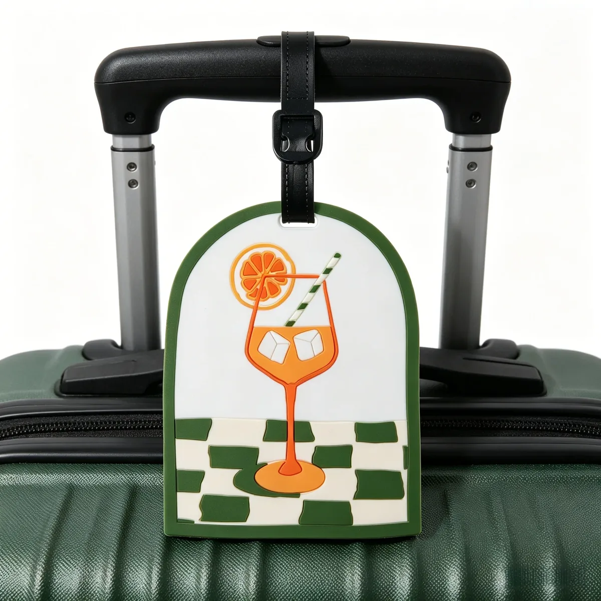 étiquette bagage pvc ovale motif carreaux vert blanc cocktail martini orange citron sip back relax voyage accessoires