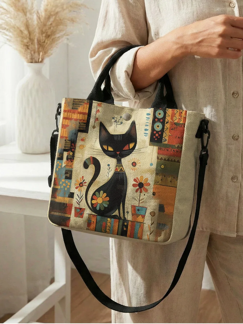 sac fourre-tout avec imprimé artistique de chat noir géométrique abstrait, sac à bandoulière avec sangle détachable pour femmes, pour les courses quotidiennes