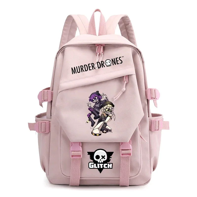 sac dos nylon dessin animé fille guitare murder drones glitch crâne hexagonal gris noir rose vert pastel bandoulière arcuée fermeture éclair usage voyage école