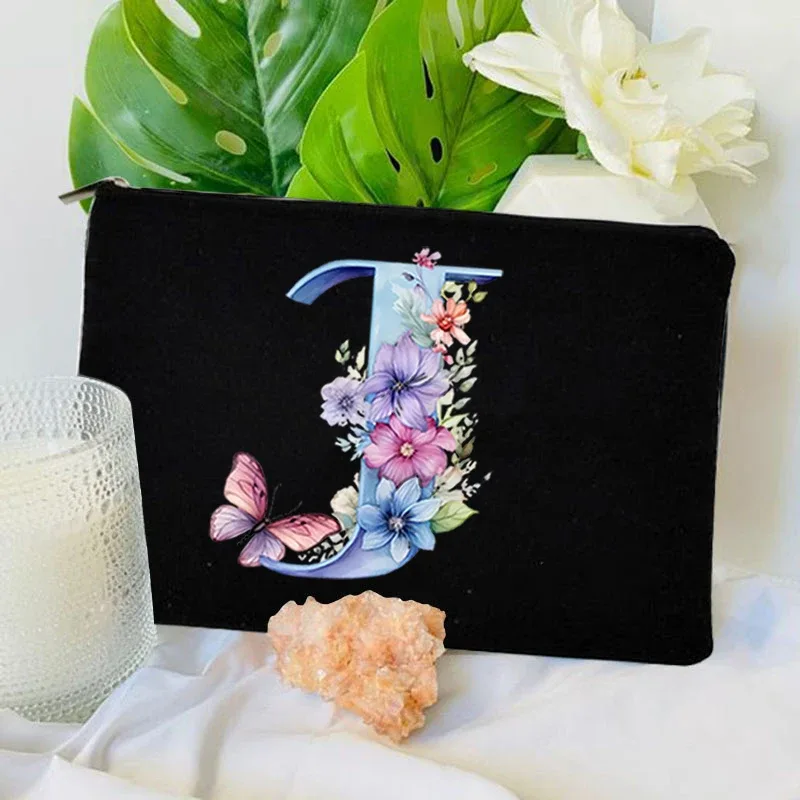 trousse toilette toile noire initiale fleurs maquillage femmes voyage sac cosmétiques intérieur uni poignée glissière