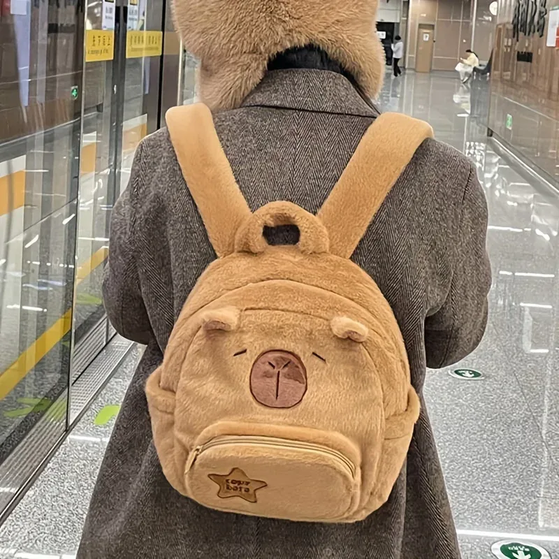 sac à dos en peluche capybara de grande capacité, sac en fausse fourrure imprimé animal de dessin animé mignon, pochette zippée pour femmes, cadeau de noël idéal
