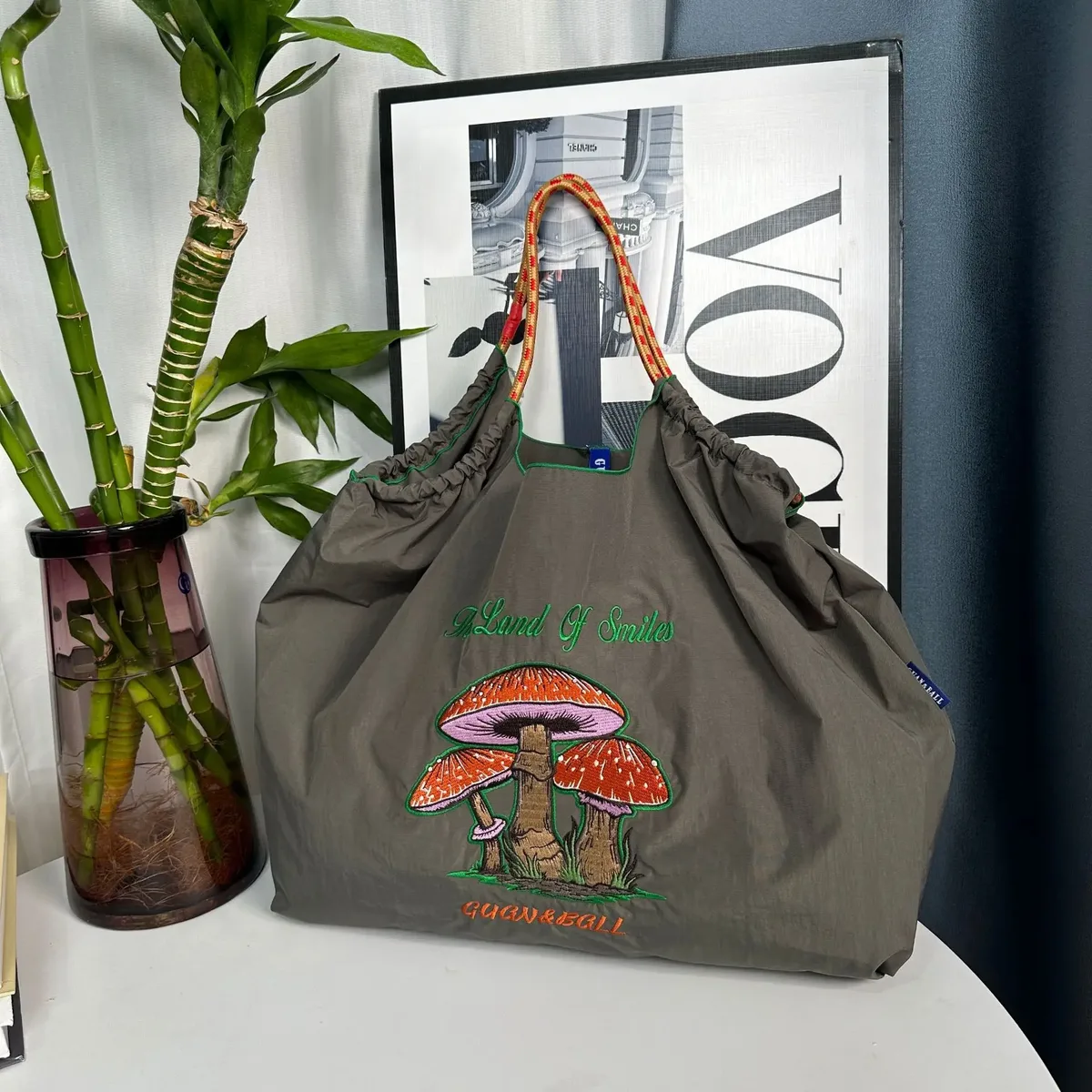 sac de shopping brodé pour femmes, avec chaîne à billes, grande capacité, en nylon écologique, sac à main, sac à bandoulière, sac porté en travers du corps.