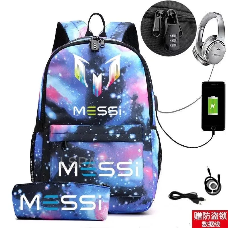 sac à dos messi tendance (lot de 2) – anti-vol, unisexe, simple, pour ordinateur portable, avec port usb, grande capacité, idéal pour les voyages, l'école, les garçons et les filles