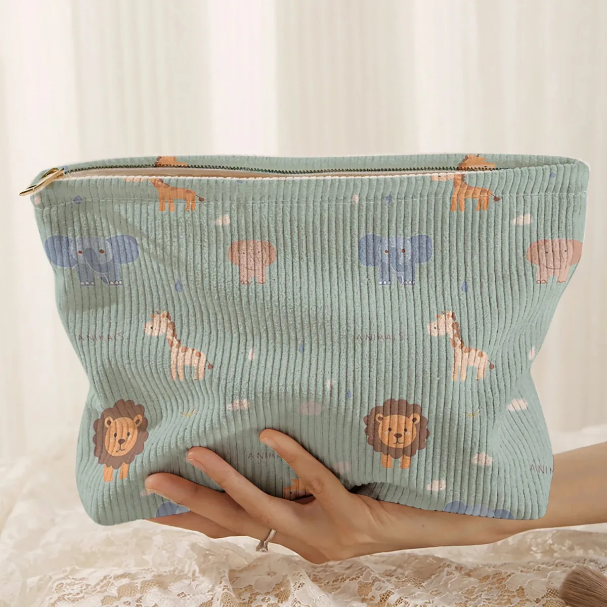 1. trousse de maquillage en velours côtelé à motifs animaliers, boîte de rangement légère à fermeture éclair, sac multifonctionnel avec doublure