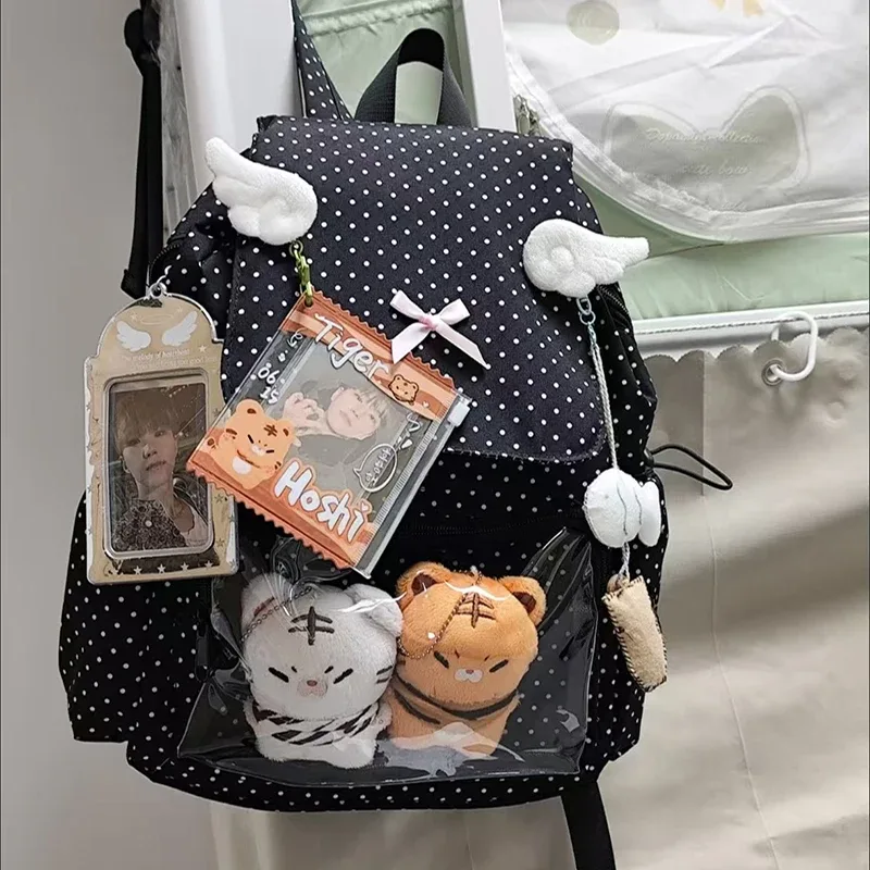 sac à dos mignon à pois, aile d'ange, nœud rose, poche transparente, sac à dos de grande capacité, sac de trajet sweet lolita pour femmes