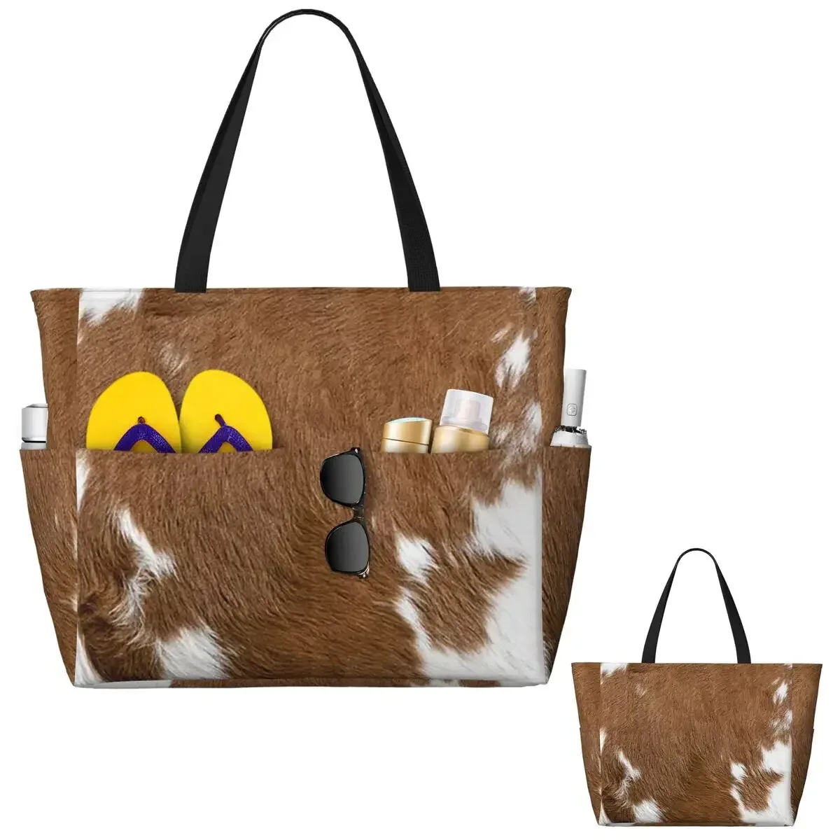 sac de plage élégant en fourrure de vache, texture cuir de vache, motif imprimé peau de vache, sac de yoga, grand sac fourre-tout, sac de voyage pour femme, sac de fitness