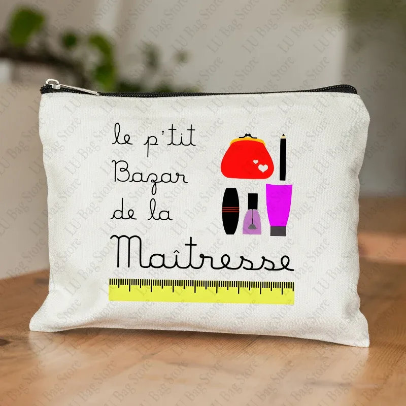 trousse de maquillage pour femmes, thème enseignant, étui à cosmétiques inspiré de maitresse avec motif éducatif de conception de style français, portefeuille pour le travail ou l'école