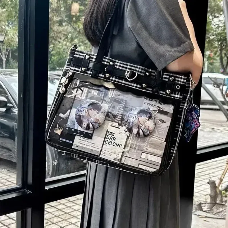femmes mode motif à carreaux rétro ita sac mignon fille transparent grande capacité sac fourre-tout bricolage affichage sac à main nouveau sac à bandoulière