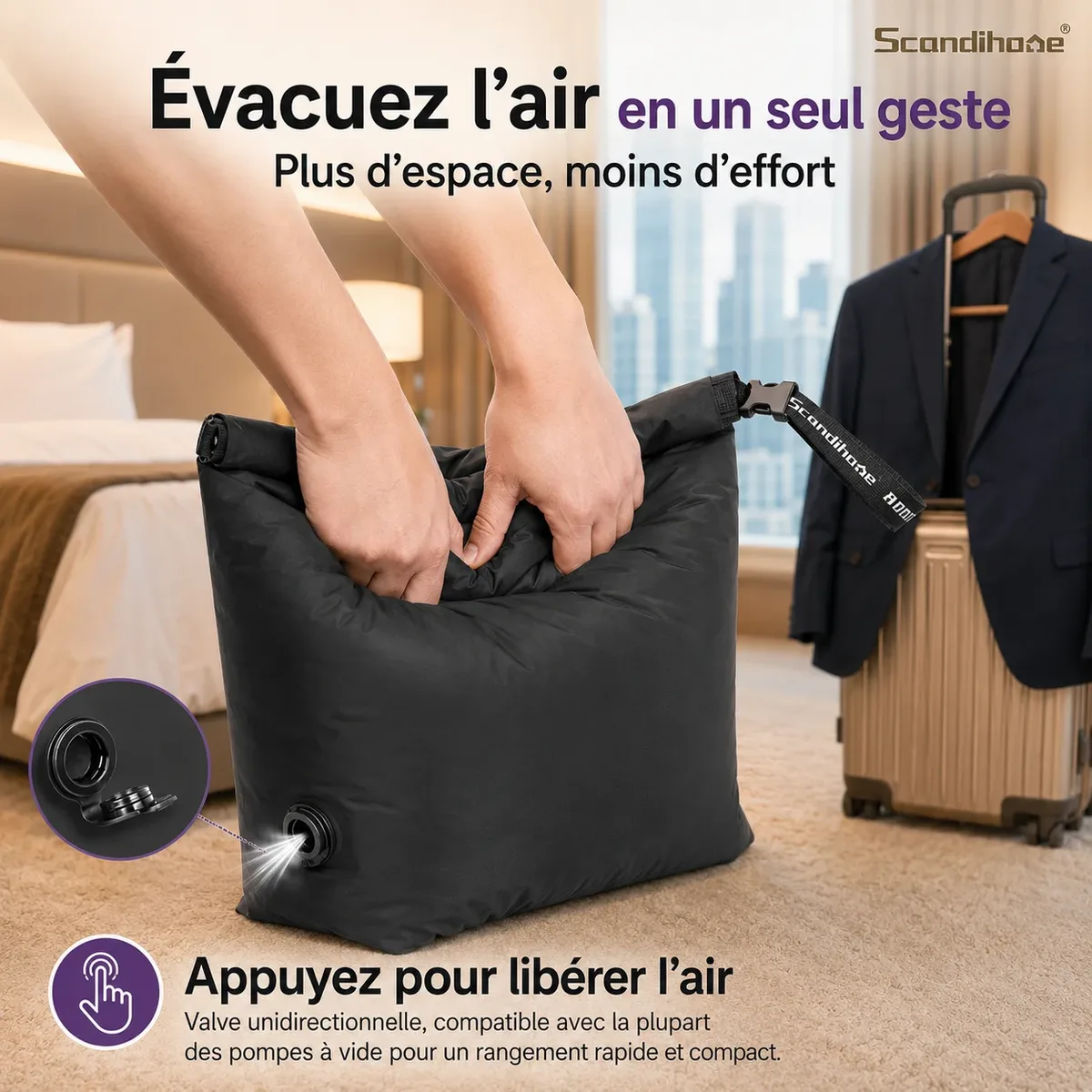 Sac de Compression Sans Pompe pour Voyage Affaires Organisateur de Vetements pour Valise et Bagage Sac de Rangement Sous Vide Voyage Gain de Place Pochette Compression