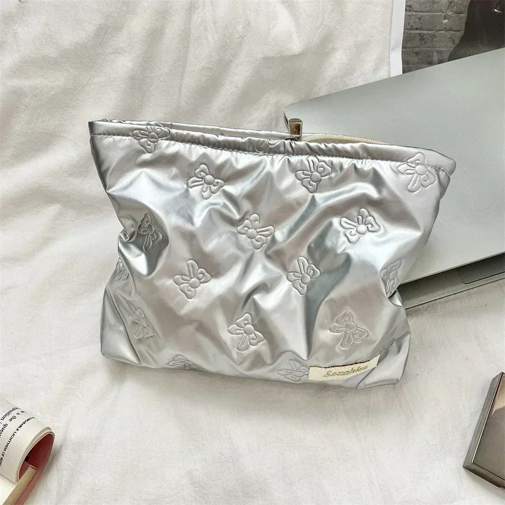 sac à cosmétiques matelassé coréen en pu avec nœud d'amour, pochette pour produits de soins de la peau, poche intérieure, sac de rangement multifonction pour maquillage et rouge à lèvres