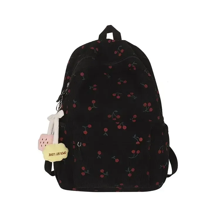 sac à dos en velours côtelé motif cerise pour femmes, sac de jour de voyage, sangle réglable, sac à dos pour ordinateur portable, fermeture éclair pour le travail, le shopping, l'école