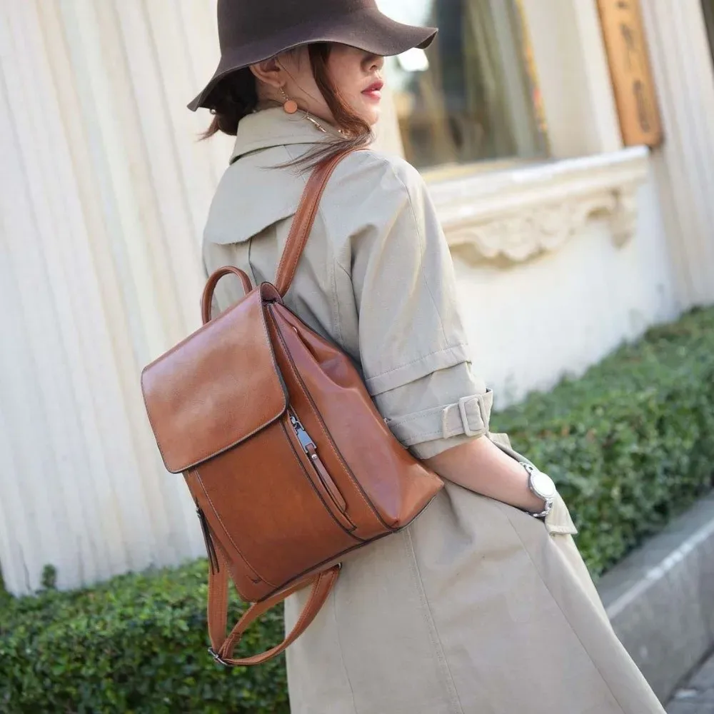 sac à dos rétro en cuir pour femmes, imperméable, grande capacité, en cuir ciré, couleur unie, avec boucle magnétique antivol, sac de voyage