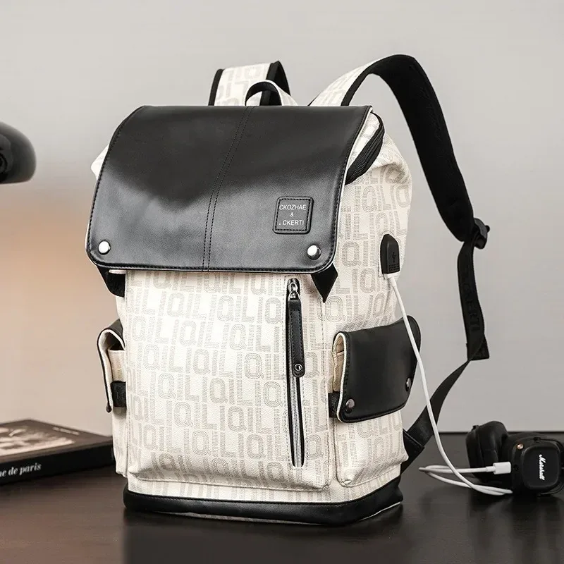 Sac à dos pour hommes avec lettres imprimées, avec Interface USB, grande capacité, pour ordinateur portable de 14 pouces, sac à dos de voyage en plein air