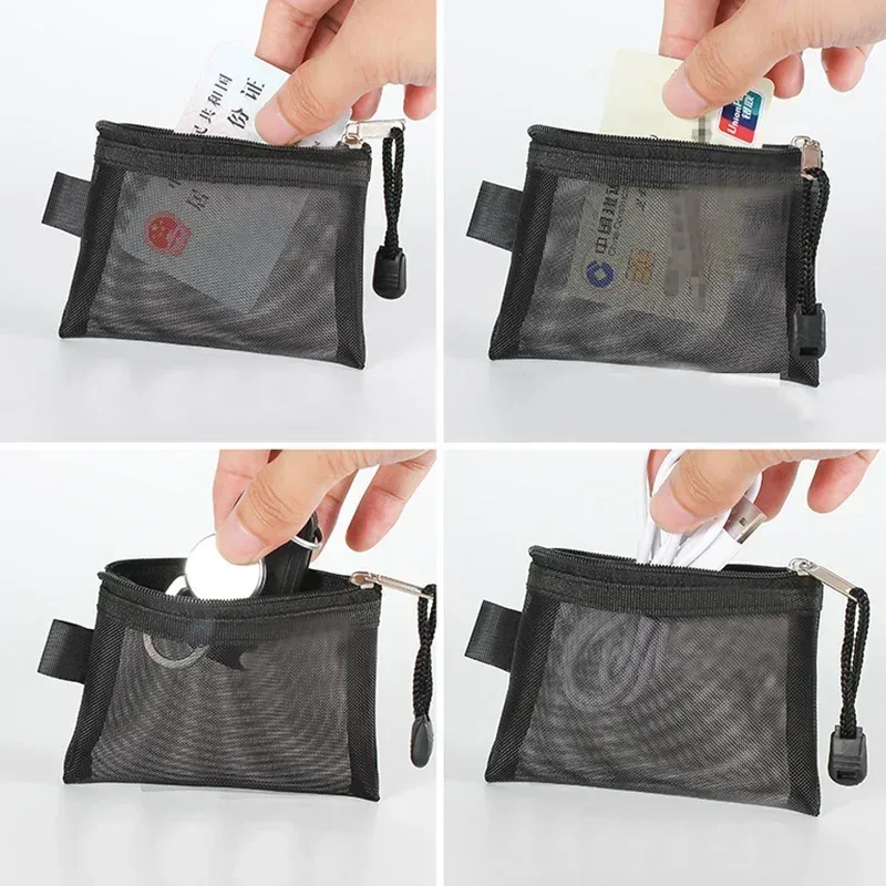 porte-monnaie en maille pour femmes, fermeture éclair transparente, sacs de rangement en poudres, porte-cartes pour filles, porte-clés, petits sacs à main