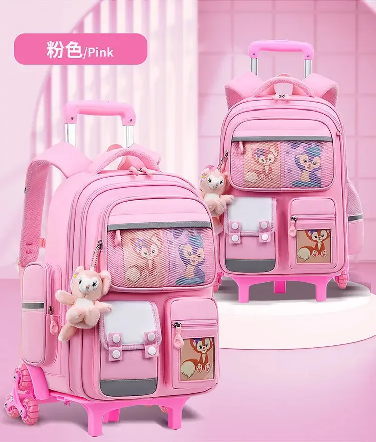 sac à dos d'école à roulettes pour filles et enfants, 17 pouces, 6 roues, sac à livres d'école primaire, sac à bagages à roulettes, sac à dos de chariot scolaire