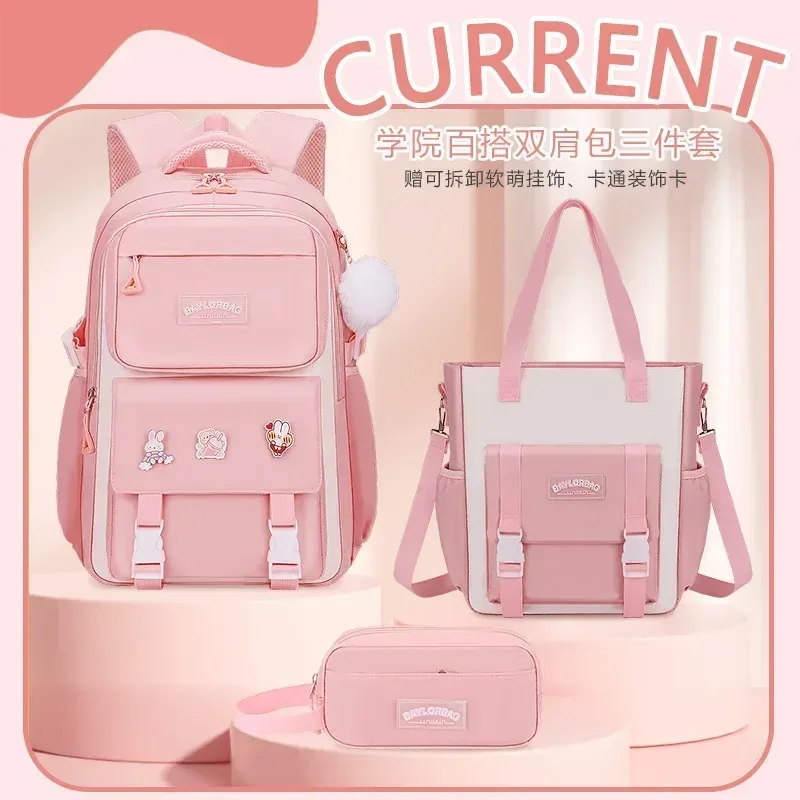 ensemble de 3 sacs à dos de grande capacité avec protection dorsale, violet et rose, avec accessoires suspendus pour les élèves du collège et du lycée