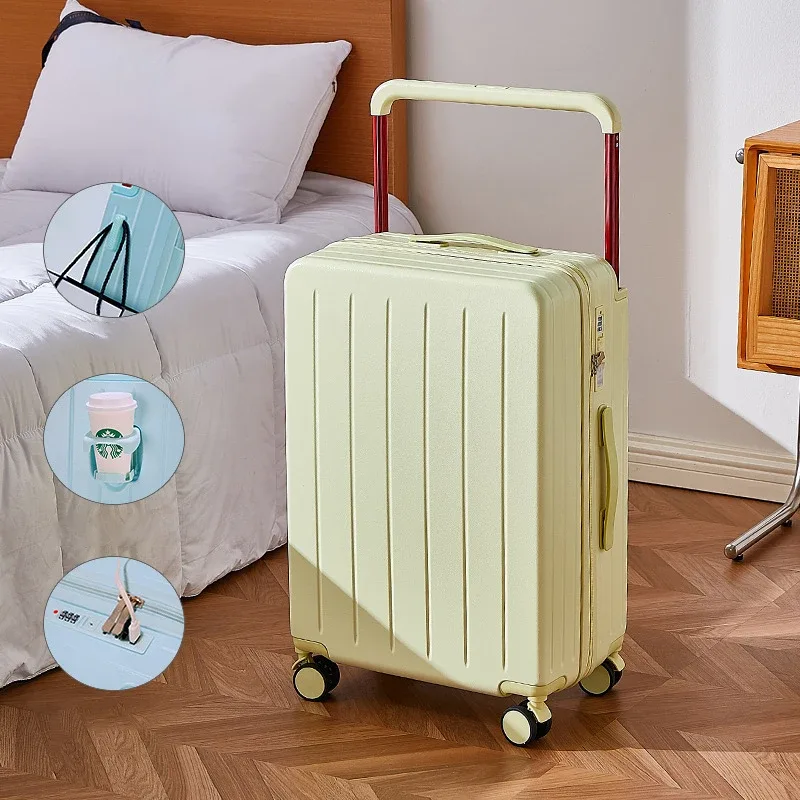 valise pc roulettes toupie poignée support tasse couleur blanche noire bleu pastel format voyage moderne design bandes verticales