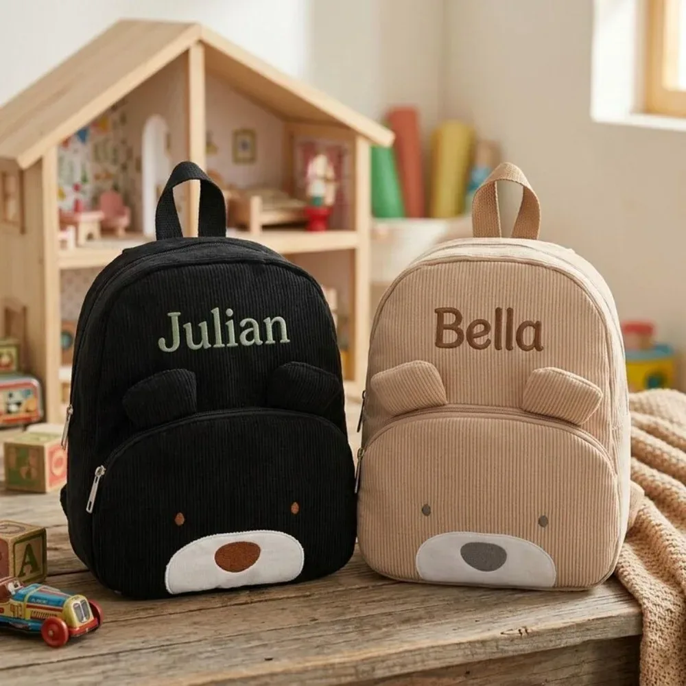 sac à dos personnalisé pour tout-petit avec nom brodé, motif ours de dessin animé, en velours côtelé, grande capacité, sac en peluche