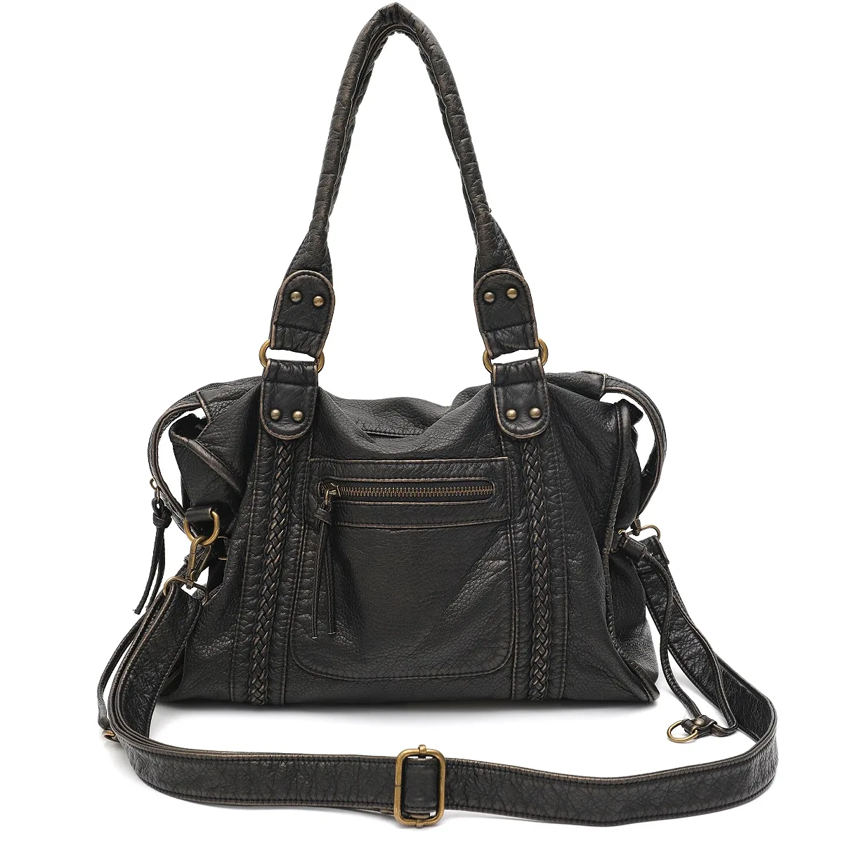 vintage lavé en cuir pu grande capacité fourre-tout poches zippées tresse décor épaule sac à bandoulière unisexe femmes voyage quotidien sac à main