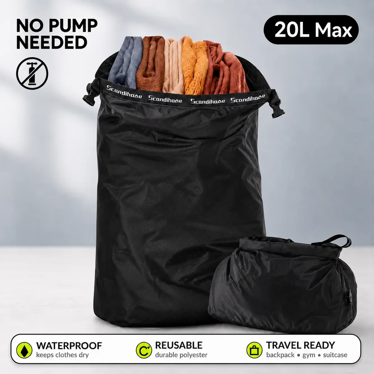 sac de rangement de voyage, sac de compression étanche sans pompe, sac sous vide, organisateur de vêtements, pochette gain de place pour le backpacking et la salle de sport
