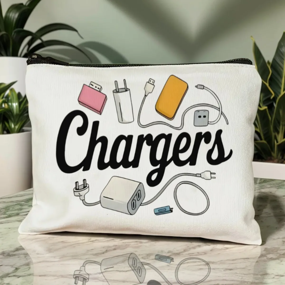 organisateur voyage polyester blanc dessins chargeurs électroniques accessoires câbles usage journalier voyage sport couture