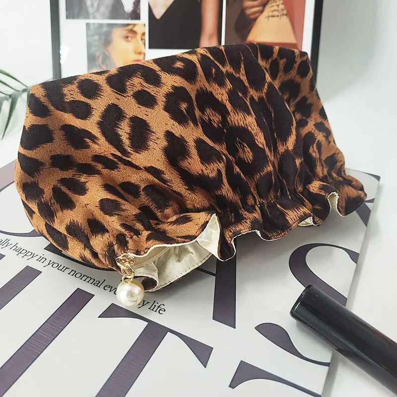 sac de maquillage à fermeture éclair en perles pour femmes, grande capacité, pochette de rangement de voyage de toilette, sacs de maquillage imprimés léopard, cadeau