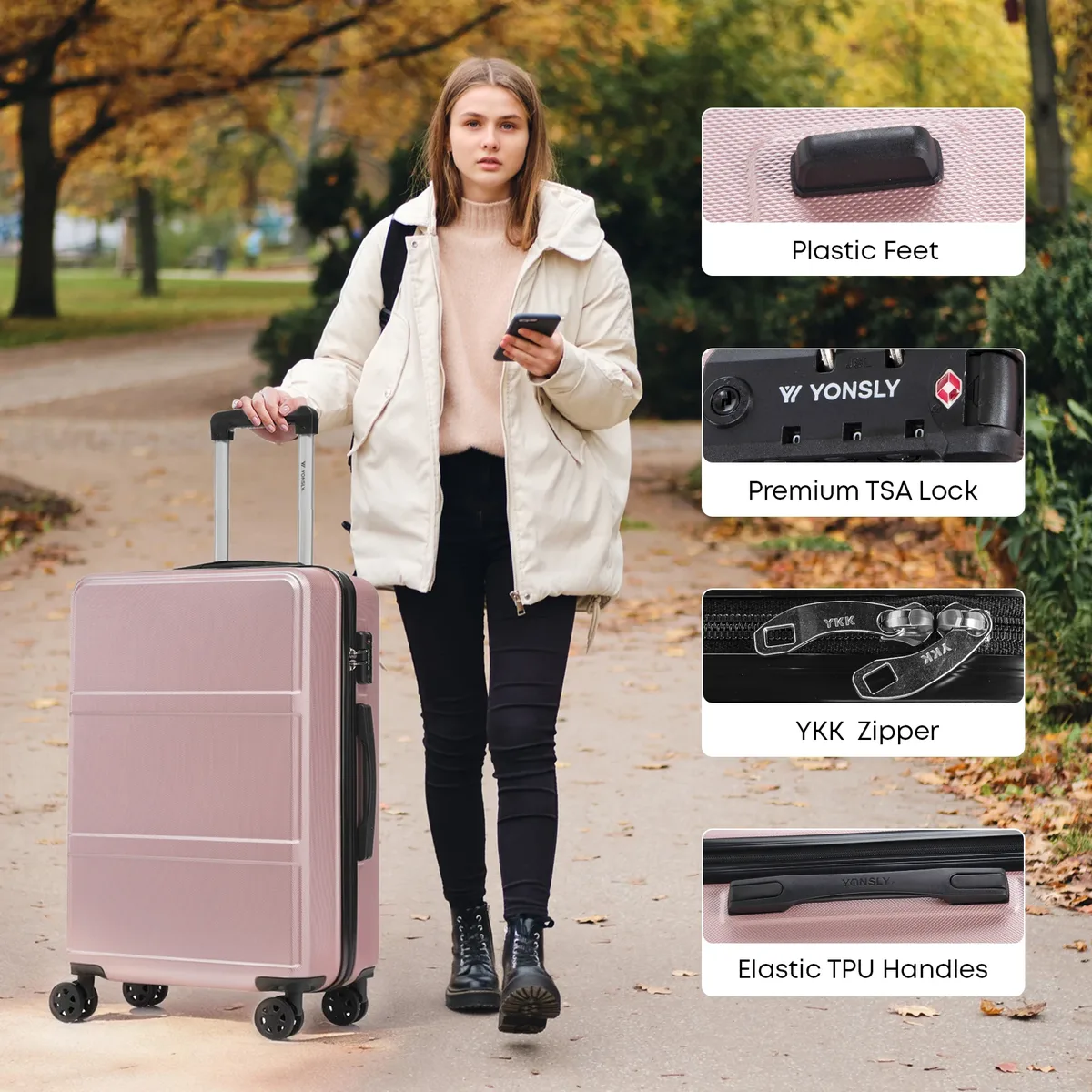 valise yonsly 20/24/28 pouces avec serrure tsa, fermeture éclair double ykk réparable, 4 roues 360 °     valise de voyage à roulettes, design simple en maille, valise rigide, conception anti-collision aux quatre coins pour les vacances