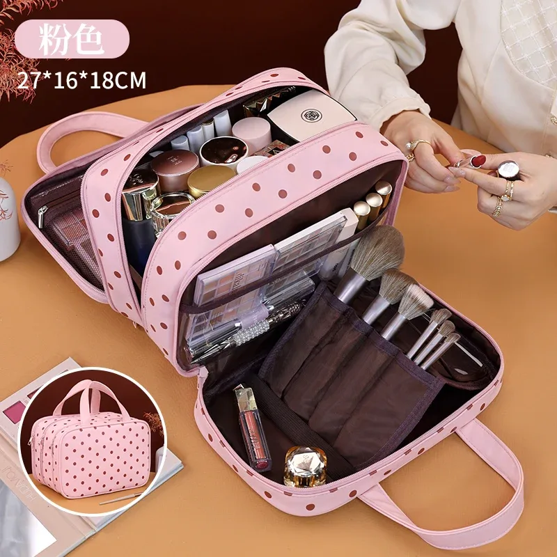 sac de maquillage portable à pois, sac à cosmétiques multifonctionnel à trois couches en cuir pu, sac de rangement de voyage étanche de grande capacité